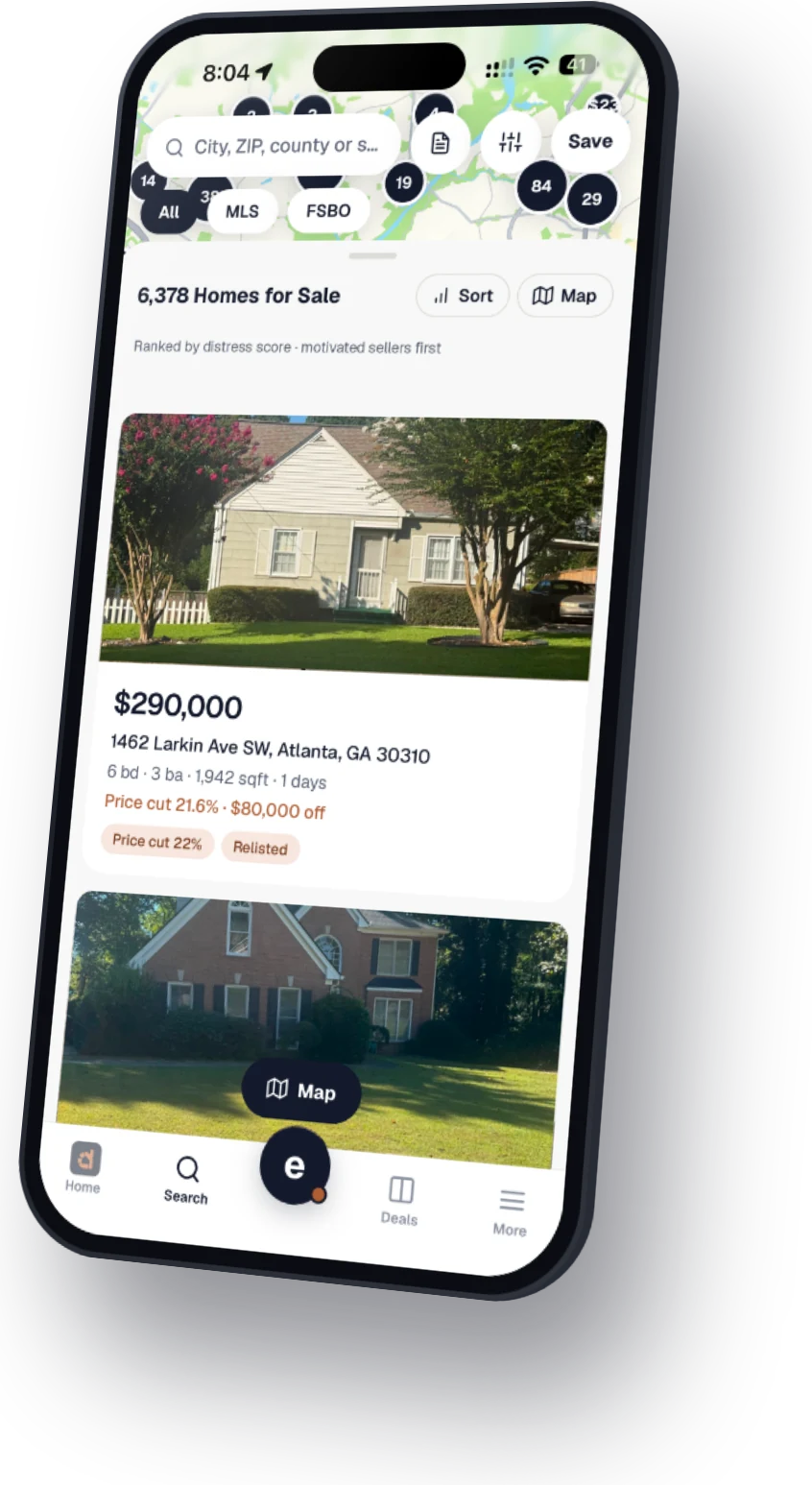 The deallow Search screen showing distressed listings ranked by distress score