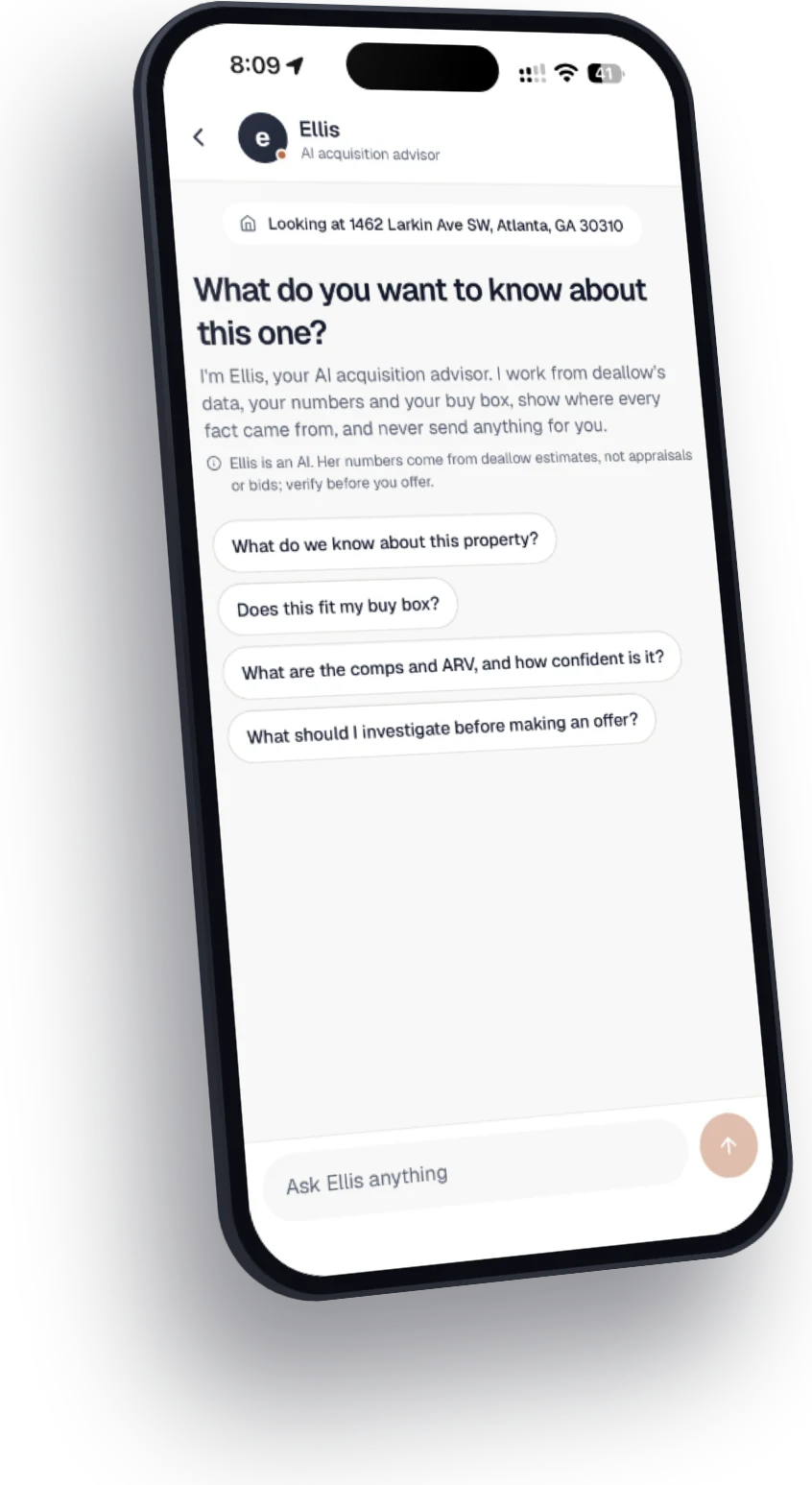 The Ellis AI advisor screen in the deallow app